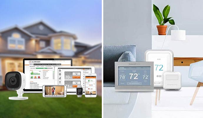 Integration of smart home security cameras, automated thermostats, and mobile monitoring applications for residential property management